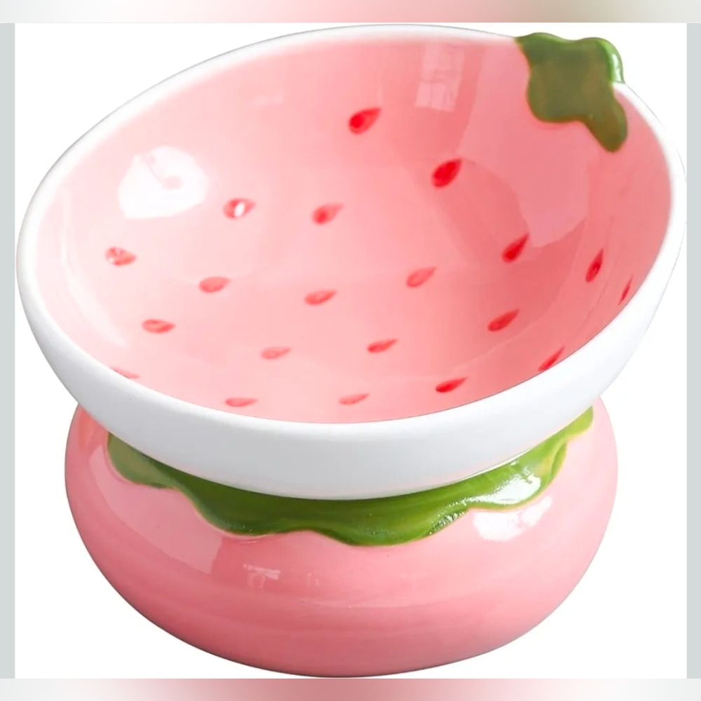 Ceramic Raised Cat Bowl - Pink Elevated Food Bowl for Indoor Cats, Anti-Vomiting